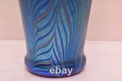 Huge 14 lundberg studio art glass Pulled Feather iridescent peacock vase Blue