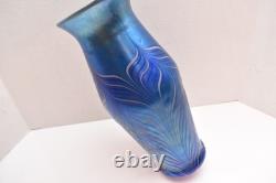 Huge 14 lundberg studio art glass Pulled Feather iridescent peacock vase Blue