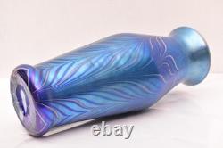 Huge 14 lundberg studio art glass Pulled Feather iridescent peacock vase Blue
