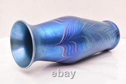 Huge 14 lundberg studio art glass Pulled Feather iridescent peacock vase Blue