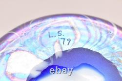 Huge 14 lundberg studio art glass Pulled Feather iridescent peacock vase Blue