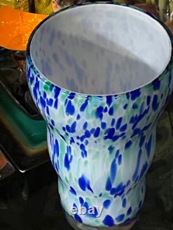 Huge Glass Vase Decor Blue, Green & White Spots, H. 12 Inches