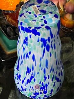 Huge Glass Vase Decor Blue, Green & White Spots, H. 12 Inches