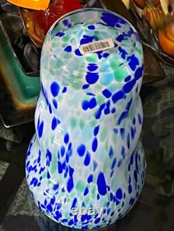 Huge Glass Vase Decor Blue, Green & White Spots, H. 12 Inches