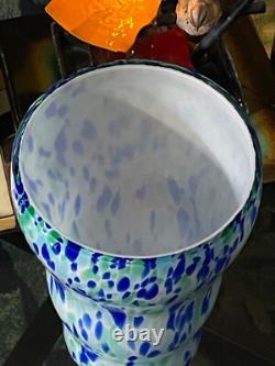 Huge Glass Vase Decor Blue, Green & White Spots, H. 12 Inches