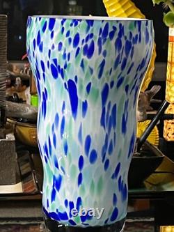 Huge Glass Vase Decor Blue, Green & White Spots, H. 12 Inches