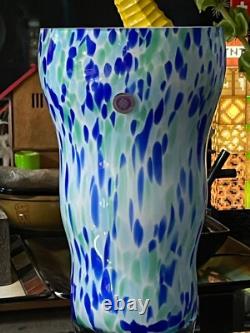 Huge Glass Vase Decor Blue, Green & White Spots, H. 12 Inches