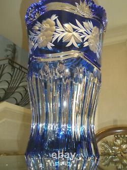 Huge Vintage 16 Tall Bohemian Cut To Clear Crystal Blue Vase, Centerpiece, Mint