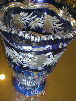 Huge Vintage 16 Tall Bohemian Cut To Clear Crystal Blue Vase, Centerpiece, Mint