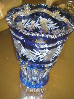 Huge Vintage 16 Tall Bohemian Cut To Clear Crystal Blue Vase, Centerpiece, Mint