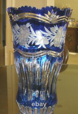 Huge Vintage 16 Tall Bohemian Cut To Clear Crystal Blue Vase, Centerpiece, Mint