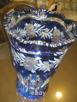 Huge Vintage 16 Tall Bohemian Cut To Clear Crystal Blue Vase, Centerpiece, Mint