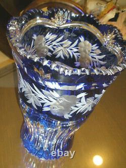 Huge Vintage 16 Tall Bohemian Cut To Clear Crystal Blue Vase, Centerpiece, Mint