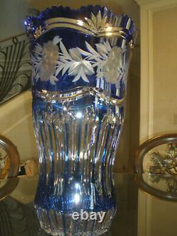 Huge Vintage 16 Tall Bohemian Cut To Clear Crystal Blue Vase, Centerpiece, Mint