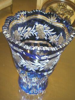 Huge Vintage 16 Tall Bohemian Cut To Clear Crystal Blue Vase, Centerpiece, Mint