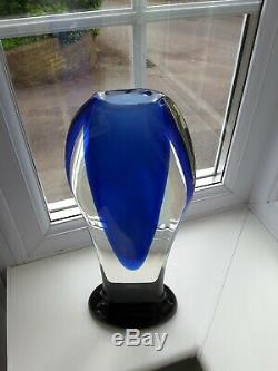 Huge Vintage Murano Sommerso blue & green footed art glass vase C1960's