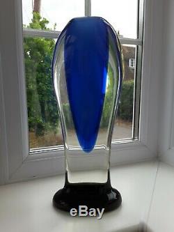 Huge Vintage Murano Sommerso blue & green footed art glass vase C1960's