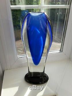 Huge Vintage Murano Sommerso blue & green footed art glass vase C1960's