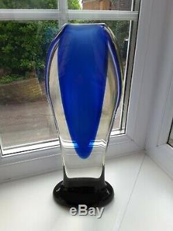 Huge Vintage Murano Sommerso blue & green footed art glass vase C1960's