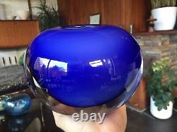 Huge Vintage Murano Style Sommeso Cased Globe Art Glass Vase in Stunning Blue