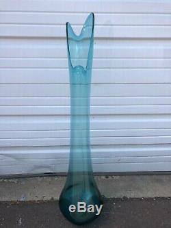 Huge Vintage Swung Floor Vase Blue 37.5 LE Smith Style Mid Century Art Glass