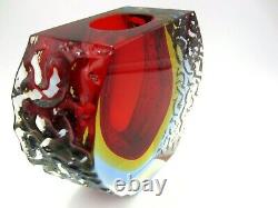 Ice glass vase Mandruzzato textured & faceted Murano red amber blue UV sommerso