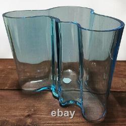 Iittala Alvar Aalto Savoy Vase Blue 16cm 160 Signed Light Aqua Sea Label Clear