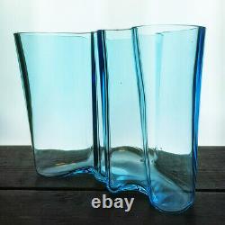 Iittala Alvar Aalto Savoy Vase Blue 16cm 160 Signed Light Aqua Sea Label Clear