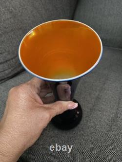 Imperial Art Glass Vase Lead Lustre Navy Blue Opaque withIridescent Orange 9 3/4
