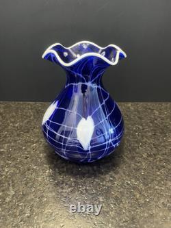 Imperial Free Hand Cobalt Hearts and Vines Art Glass Vase 7.25 Tall. Mint
