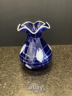 Imperial Free Hand Cobalt Hearts and Vines Art Glass Vase 7.25 Tall. Mint