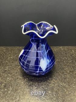 Imperial Free Hand Cobalt Hearts and Vines Art Glass Vase 7.25 Tall. Mint