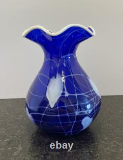 Imperial Free Hand Cobalt Hearts and Vines Art Glass Vase 7.25 Tall. Mint