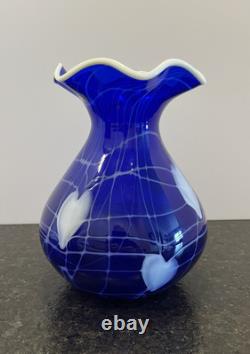 Imperial Free Hand Cobalt Hearts and Vines Art Glass Vase 7.25 Tall. Mint