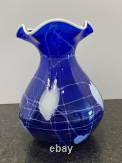 Imperial Free Hand Cobalt Hearts and Vines Art Glass Vase 7.25 Tall. Mint
