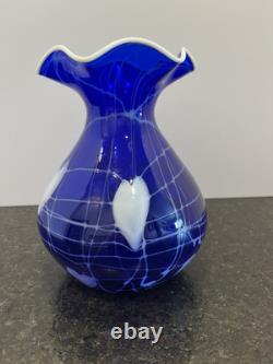 Imperial Free Hand Cobalt Hearts and Vines Art Glass Vase 7.25 Tall. Mint