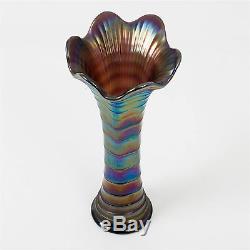 Imperial Ripple Carnival Glass Vase Purple / Blue Opalescent 11 Tall 3.25 Base