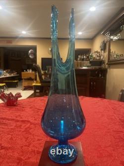 Incredible L. E. Smith Swung Glass Vase in Peacock Blue. 16.5 -Deep Cut Petal MCM