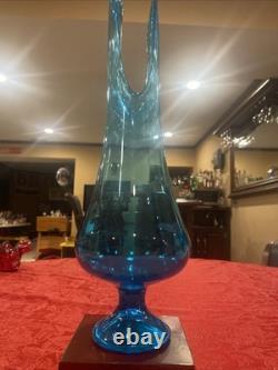 Incredible L. E. Smith Swung Glass Vase in Peacock Blue. 16.5 -Deep Cut Petal MCM