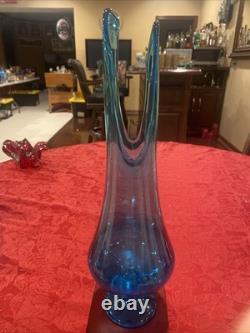 Incredible L. E. Smith Swung Glass Vase in Peacock Blue. 16.5 -Deep Cut Petal MCM
