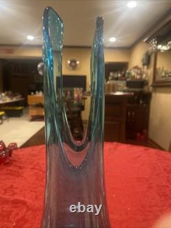 Incredible L. E. Smith Swung Glass Vase in Peacock Blue. 16.5 -Deep Cut Petal MCM