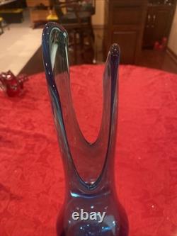 Incredible L. E. Smith Swung Glass Vase in Peacock Blue. 16.5 -Deep Cut Petal MCM