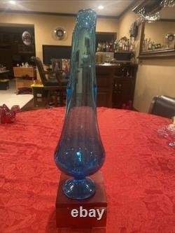 Incredible L. E. Smith Swung Glass Vase in Peacock Blue. 16.5 -Deep Cut Petal MCM