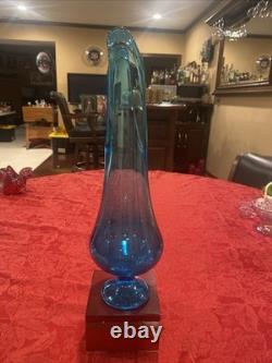 Incredible L. E. Smith Swung Glass Vase in Peacock Blue. 16.5 -Deep Cut Petal MCM