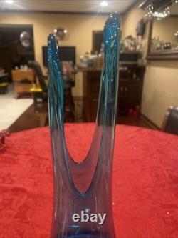 Incredible L. E. Smith Swung Glass Vase in Peacock Blue. 16.5 -Deep Cut Petal MCM