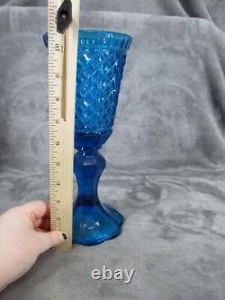 Indiana Glass Pedestal Vase Apothecary Jar Blue Diamond Pattern 10 3/4 Tall VTG