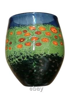 Ingrid Ken Hanson Poppy Vase Blown Glass Blue Green Milifiore Cane Signed 7