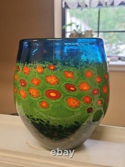 Ingrid Ken Hanson Poppy Vase Blown Glass Blue Green Milifiore Cane Signed 7