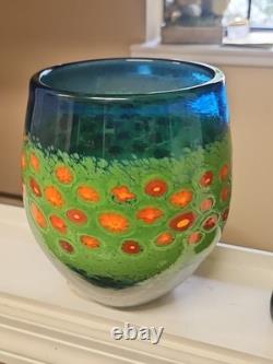 Ingrid Ken Hanson Poppy Vase Blown Glass Blue Green Milifiore Cane Signed 7