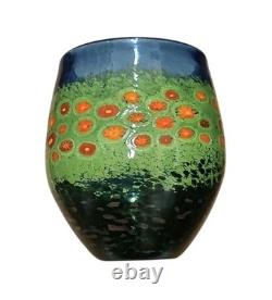 Ingrid Ken Hanson Poppy Vase Blown Glass Blue Green Milifiore Cane Signed 7
